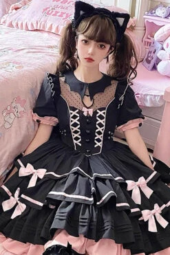 Black/Pink Short Sleeves Multi-layer Ruffle Bowknot Sweet Lolita Dress -LolitaInside fa3b922717fd895ef8c7d99e53a97c88