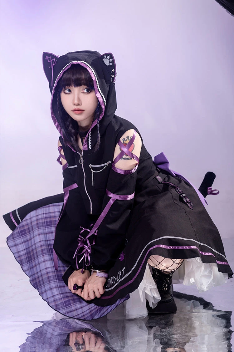Black/Purple Cat Paw Print Bowknot Gothic Lolita Jsk Dress Set 8 Black/Purple Cat Paw Print Bowknot Gothic Lolita Jsk Dress Set - Image 6