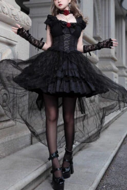 Black Elegant Bride Gorgeous Tea Party Gothic Lolita Tiered Dress