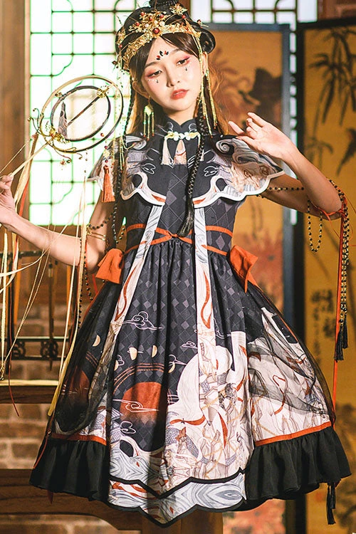 Black Chinese Style Chang'e Flying To The Moon Print Ruffled Classic Lolita OP Dress 4 Black Chinese Style Chang'e Flying To The Moon Print Ruffled Classic Lolita OP Dress - Image 2