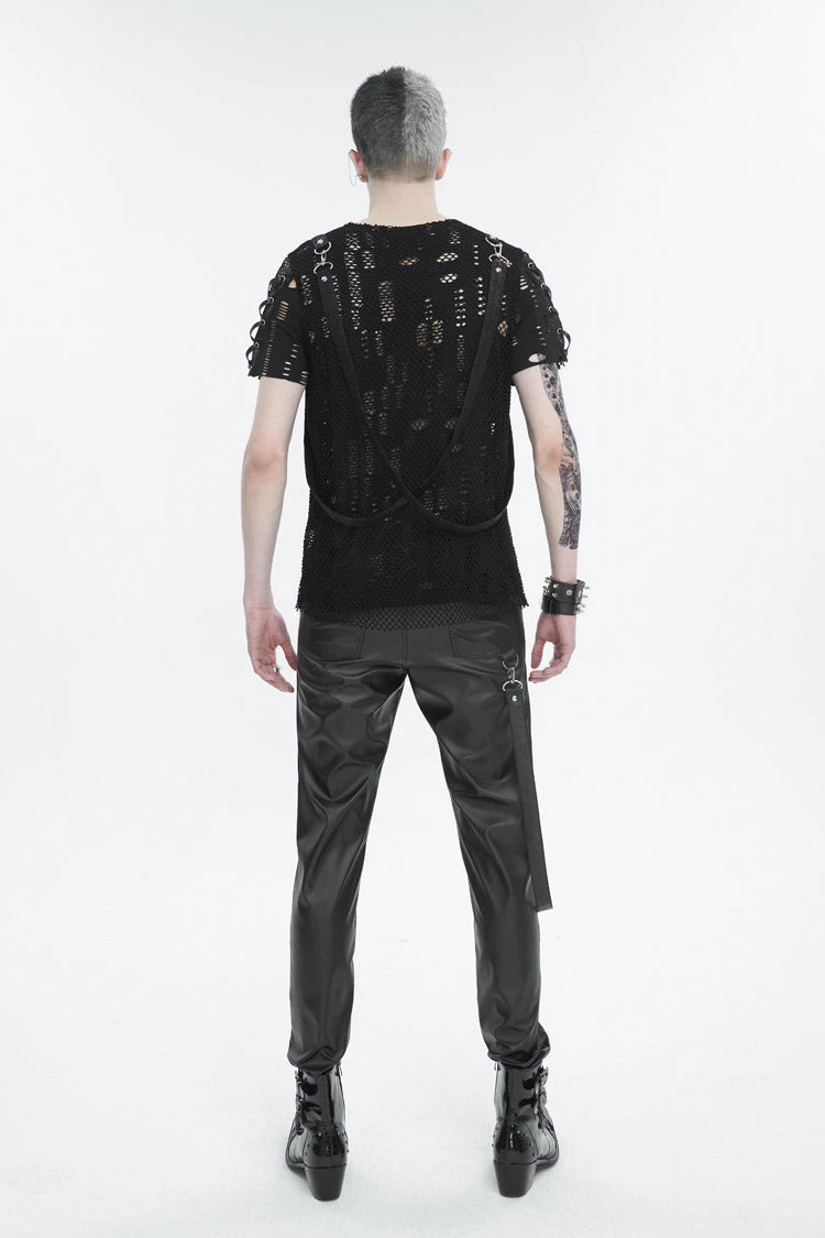 Black Half Hollow Shoulder Tie Design Men's Punk T-Shirt 7 Black Half Hollow Shoulder Tie Design Men's Punk T-Shirt - Image 5