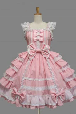 Lace Square Neck Cap Sleeve Knee Length Ruffled Bowknot Sweet Lolita Dress