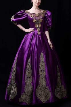 Boat Neck Half Sleeves High Waisted Three Dimensional Golden Floral Hollow Print Victorian Lolita Prom Dress -LolitaInside fc575dc968eaa9751e42aa10cd51ecff