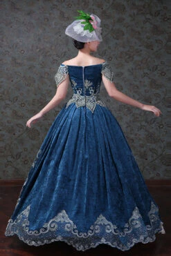 Blue Boat Neck Off-The-Shoulder High Waisted Embroidery Floral Print Victorian Lolita Prom Dress -LolitaInside fc90d84b6e41b23ceac3c1e71cb6ae57