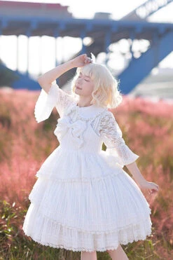 White Solid Color Tower Of Dawn Bowknot Sleeveless Ruffle Sweet Lolita Dress -LolitaInside fcd7603883847a99c36894792d013253