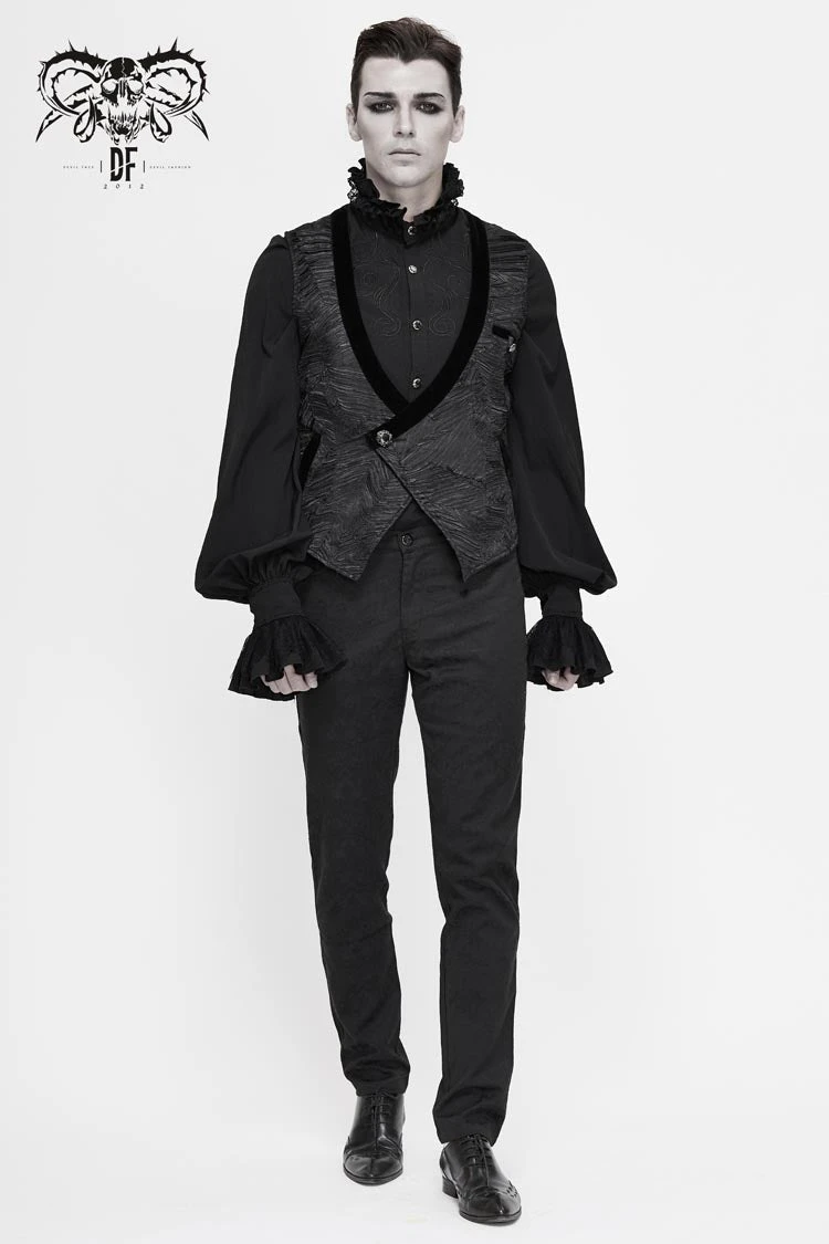 Black Velveteen Asymmetrical Pleated Splice Waist Loop Men's Gothic Waistcoat 6 Black Velveteen Asymmetrical Pleated Splice Waist Loop Men's Gothic Waistcoat - Image 4