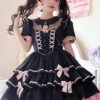 Black/Pink Short Sleeves Multi-layer Ruffle Bowknot Sweet Lolita Dress