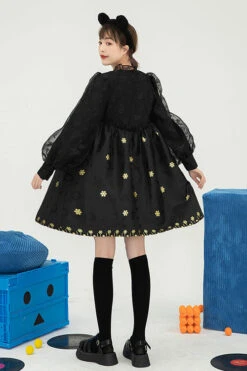 Black Square Neck Organza Print Ruffled Lantern Sleeves High Waisted Sweet Lolita OP Dress -LolitaInside fda3238bf50ccc424e9cea26e578cd27