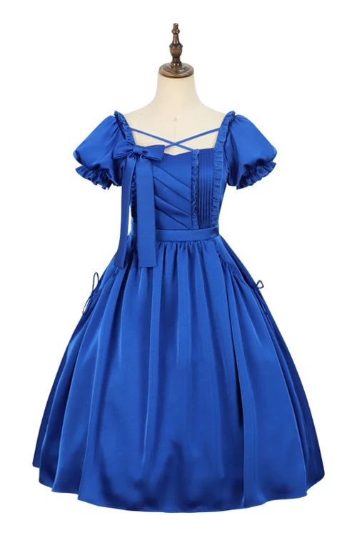 Blue Square Collar Ruffled Puff Short Sleeves High Waisted Classic Lolita OP Dress 3 Blue Square Collar Ruffled Puff Short Sleeves High Waisted Classic Lolita OP Dress