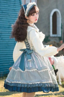 Light Blue Vintage Finches In The Mirror Print Country Style Bowknot Multi-Layer Ruffled Classic Lolita JSK Dress -LolitaInside fdeade145cb0540867397a22da661db8