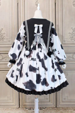 White/Black Navy Collar Headbow Ruffled Stitching Cow Print Sweet Lolita OP Dress -LolitaInside fe2af92ce5cd755d526a19b9d14ffc9c