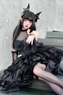Pure Black Little Devil Sexy Princess Slim Gothic Lolita Strapless Tiered Dress -LolitaInside fe477b1fb310576e8107b87c582010ad
