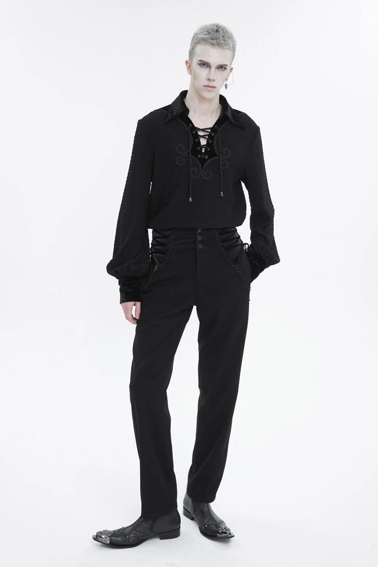 Black Embroidered Chest With Drawstring Strappy Puff Sleeved Men's Gothic Shirt 5 Black Embroidered Chest With Drawstring Strappy Puff Sleeved Men's Gothic Shirt - Image 3