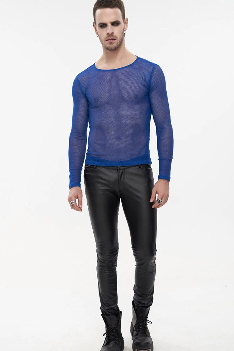 Blue Gothic Elasticity High Neck Long Sleeve Mesh Men's Shirt 5 Blue Gothic Elasticity High Neck Long Sleeve Mesh Men's Shirt - Image 3